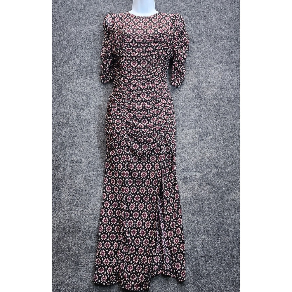 Free People Briella Women Boho Floral Mesh Ruched Puff Sleeve Maxi Dress M Y2K